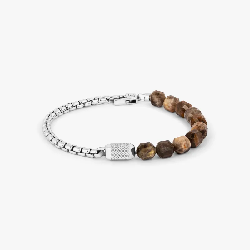 Signature Hexade Beaded Chain Bracelet in Rhodium Silver with Black Moonstone made by Tateossian
