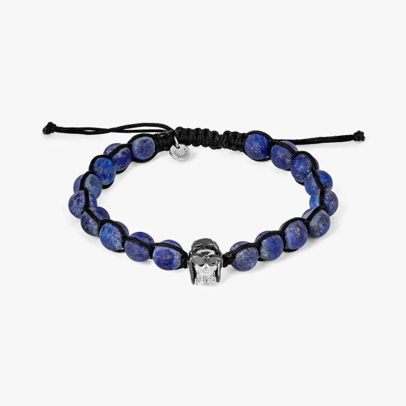 Aviator Skull Bead bracelet with black macrame and lapis in stainless steel made by Tateossian