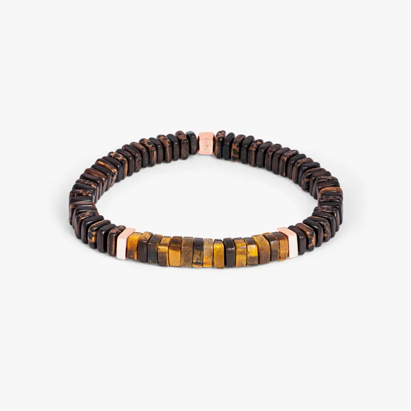 Legno bracelet in tiger eye, palm and ebony wood with rose gold plated sterling silver made by Tateossian