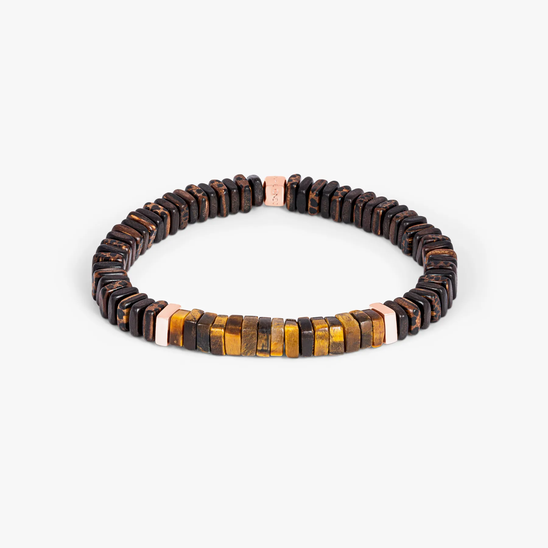 Legno bracelet in tiger eye, palm and ebony wood with rose gold plated sterling silver sold by Tateossian