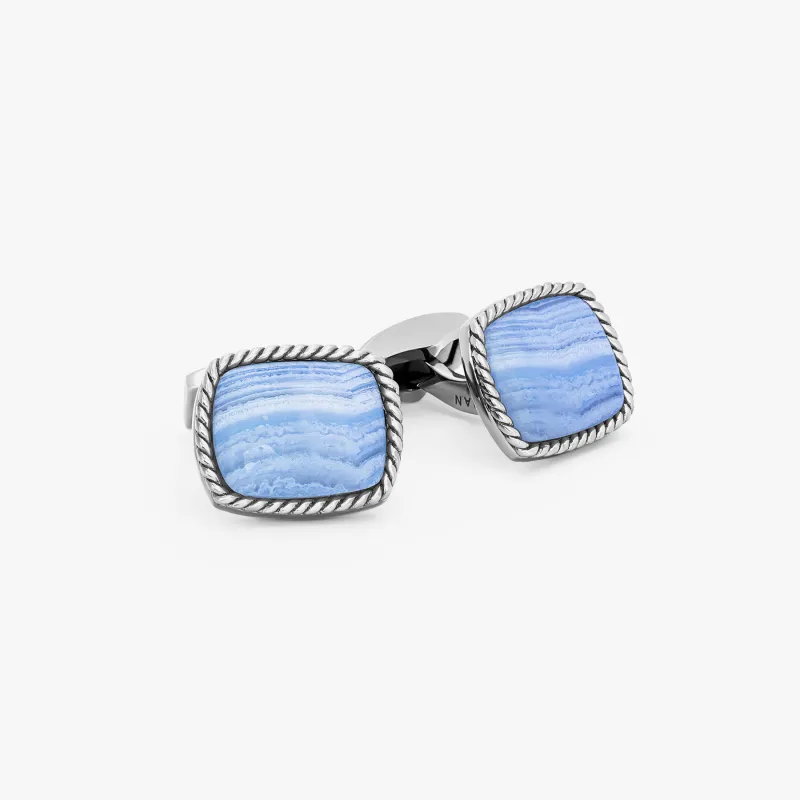 Blue Sterling Silver Cable Agate Cufflinks (Limited Edition) made by Tateossian