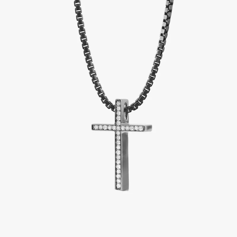 Black Rhodium Plated Sterling Silver Diamond Cross Pendant made by Tateossian