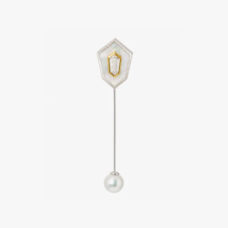 Art Deco Shield Diamond & Pearl Lapel Pin in Sterling Silver made by Tateossian