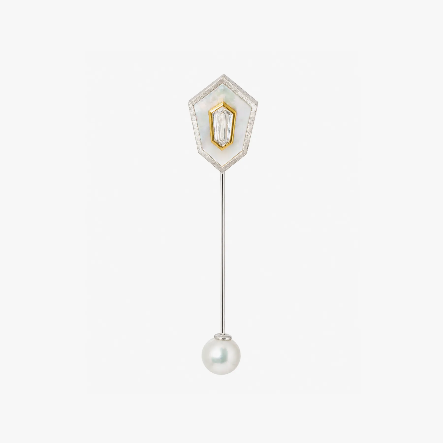 Art Deco Shield Diamond & Pearl Lapel Pin in Sterling Silver sold by Tateossian
