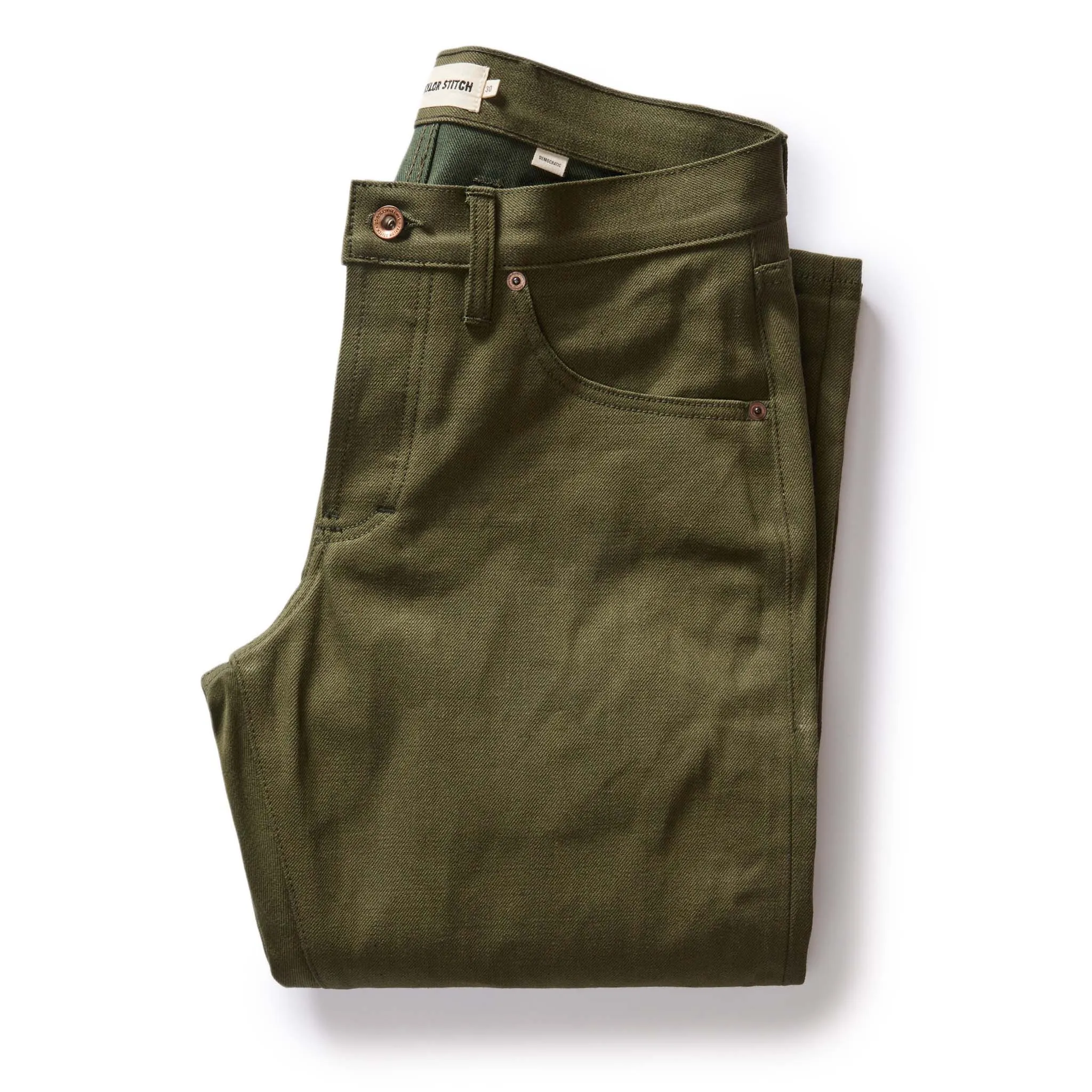 The Democratic Jean in Olive Nihon Menpu Selvage sold by Taylor Stitch