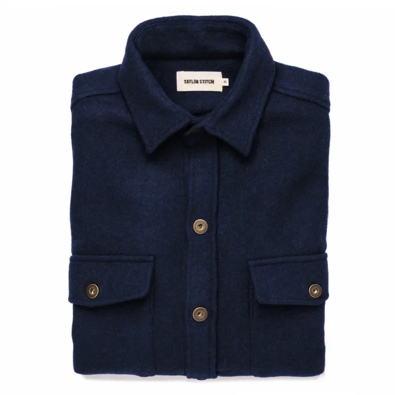 The Explorer Shirt in Navy Boiled Wool sold by Taylor Stitch