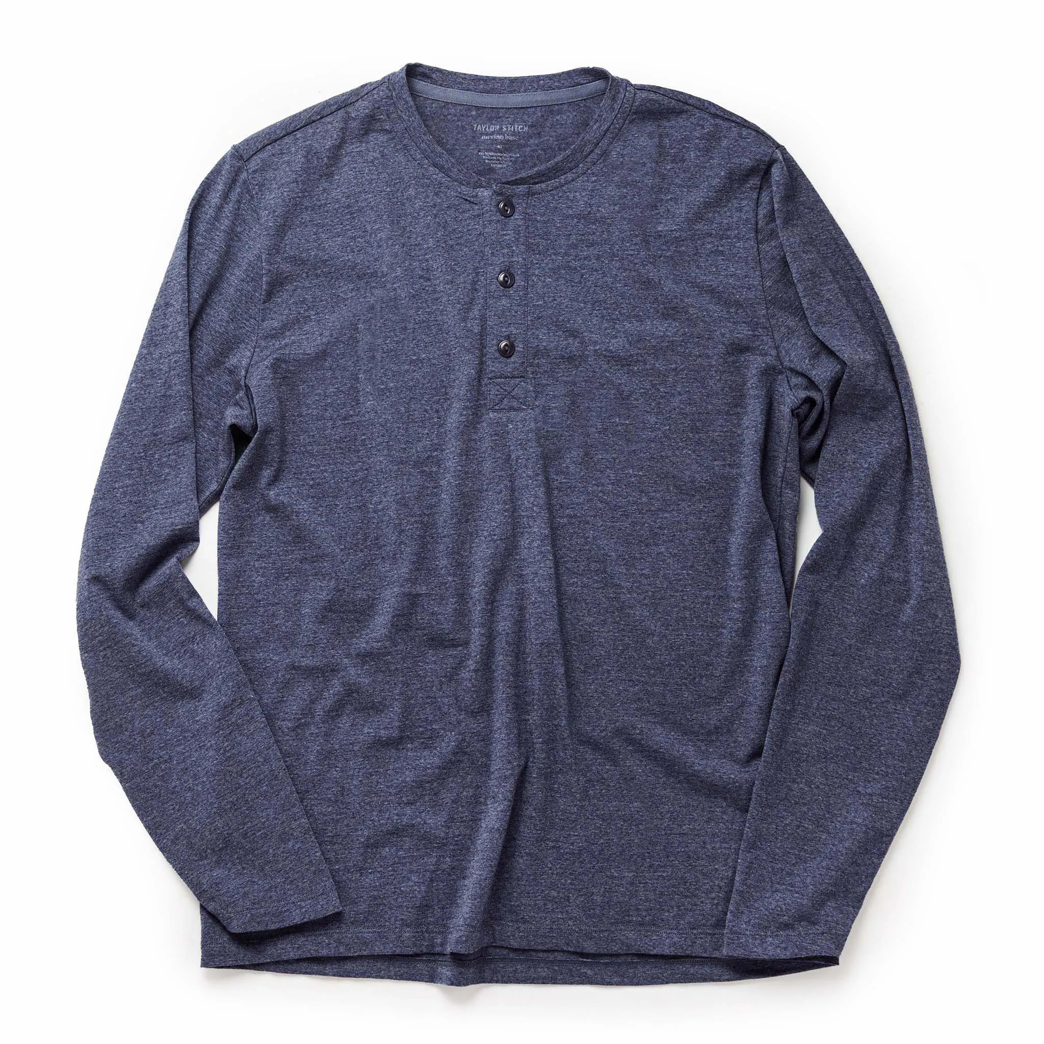 The Merino Henley in Heather Navy sold by Taylor Stitch
