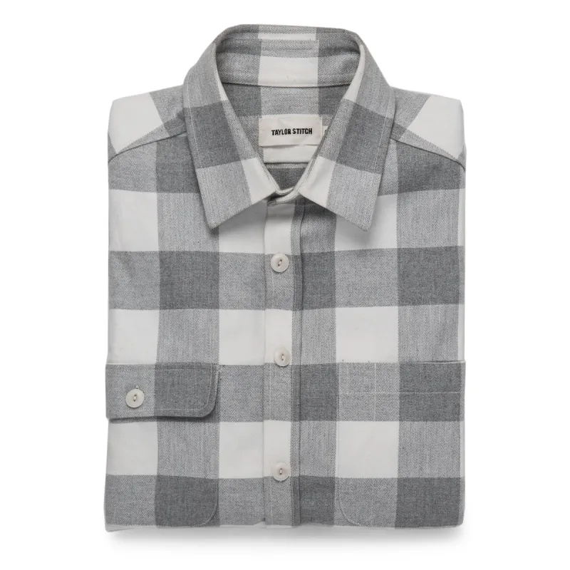 The Moto Utility Shirt in Ash & Natural Plaid sold by Taylor Stitch