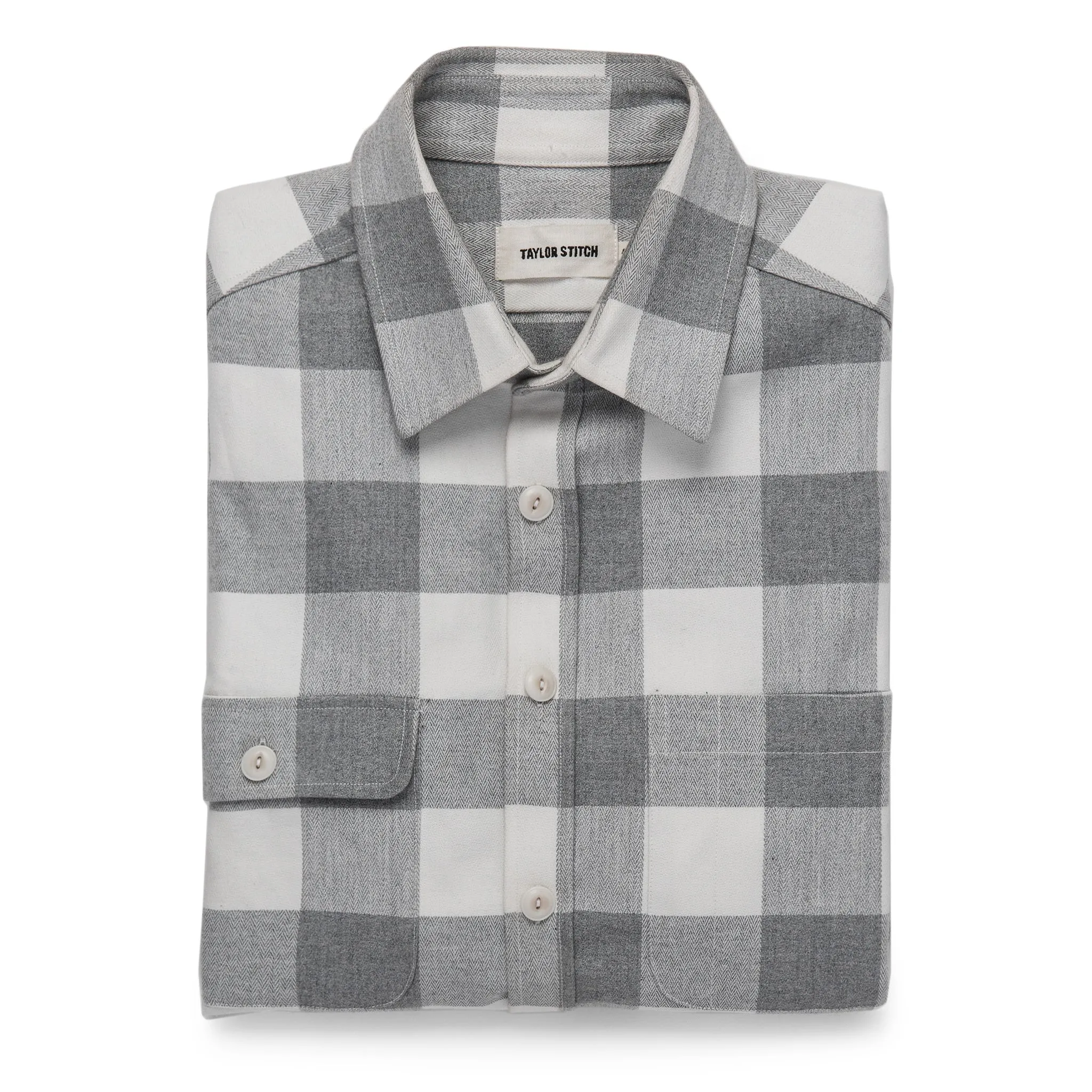 The Moto Utility Shirt in Ash & Natural Plaid sold by Taylor Stitch