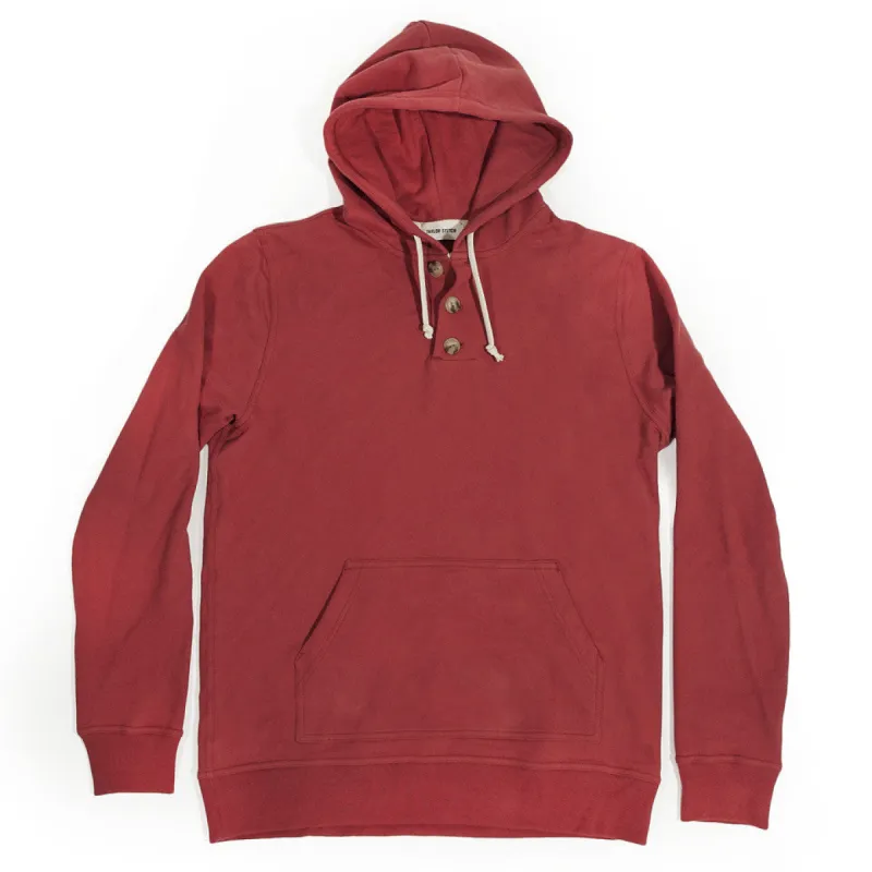 The Dusty Red 3 Button Hooded Sweatshirt sold by Taylor Stitch