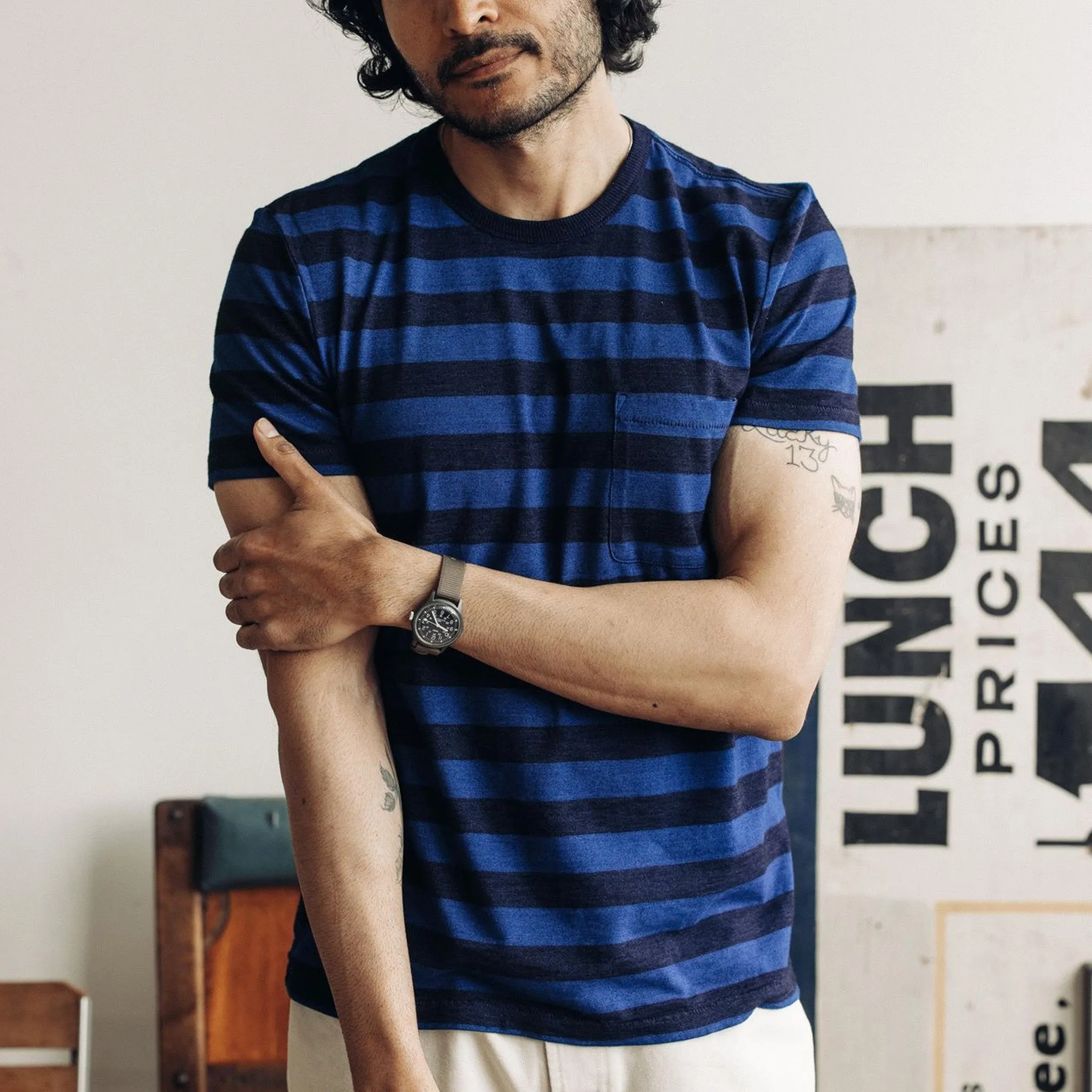 The Organic Cotton Tee in Indigo Yarn Dye Stripe sold by Taylor Stitch product image thumbnail 2
