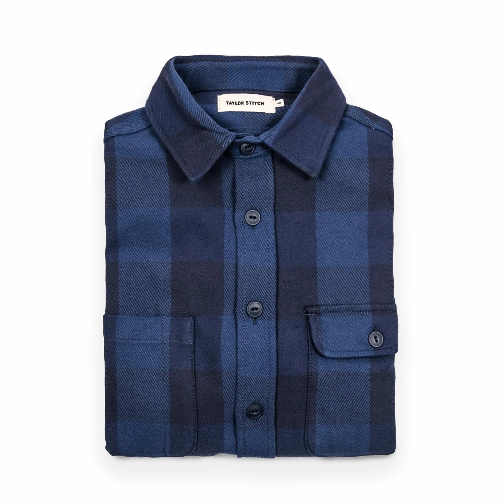The Moto Utility Shirt in Royal & Navy Buffalo Plaid sold by Taylor Stitch