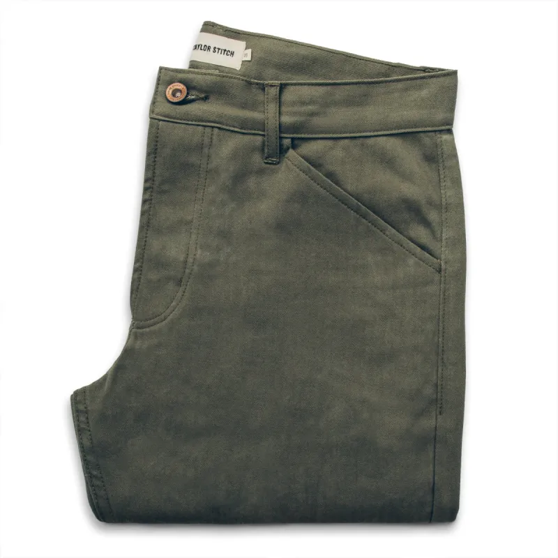 The Camp Pant in Olive Drab Herringbone sold by Taylor Stitch