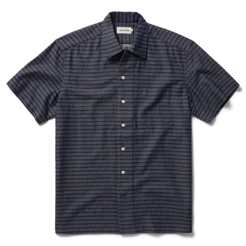The Short Sleeve Hawthorne in Navy Dobby sold by Taylor Stitch