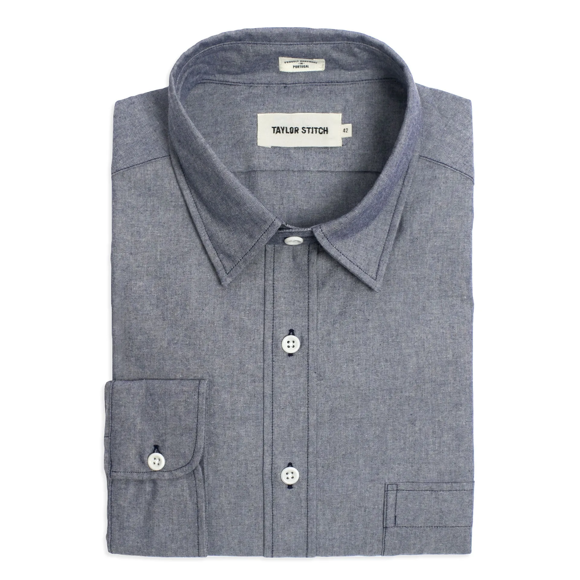 The California in Dark Blue Everyday Chambray sold by Taylor Stitch