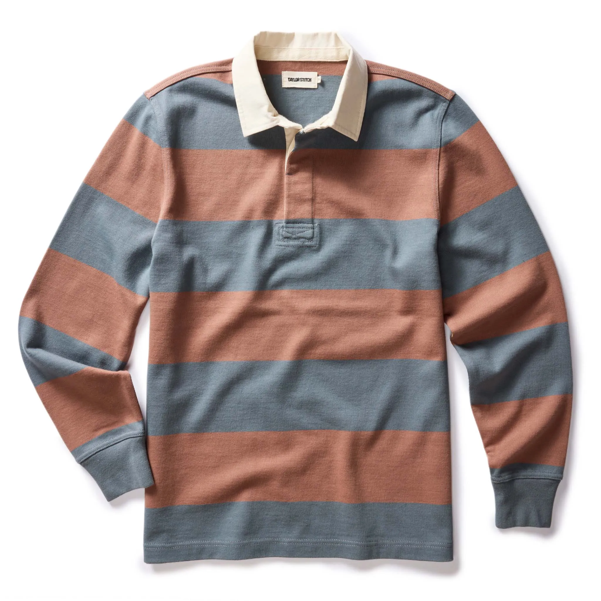 The Rugby Shirt in Faded Brick Stripe sold by Taylor Stitch