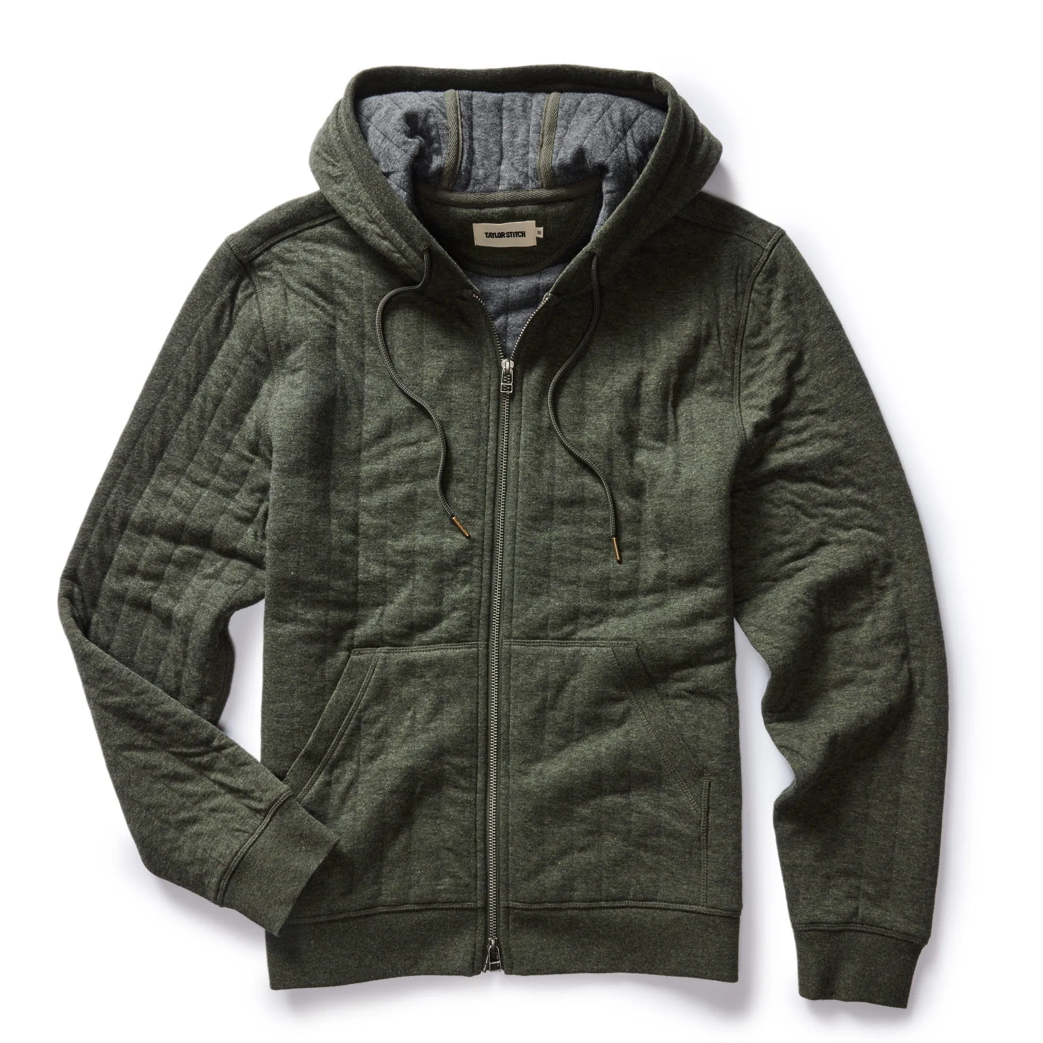 The Apres Zip Hoodie in Fatigue Olive Quilt sold by Taylor Stitch