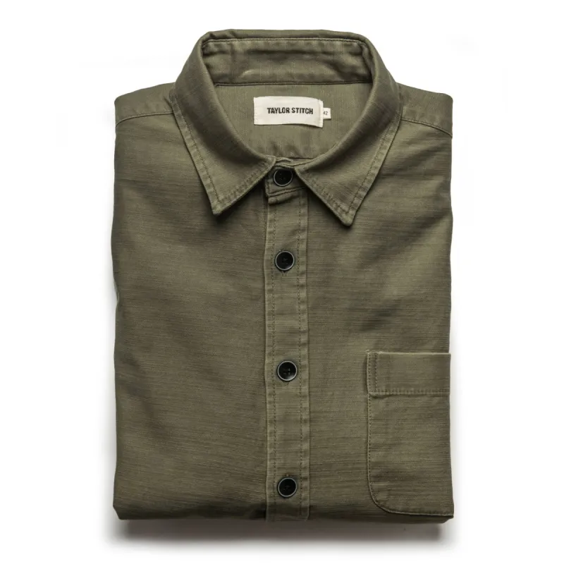 The Mechanic Shirt in Olive Reverse Sateen sold by Taylor Stitch