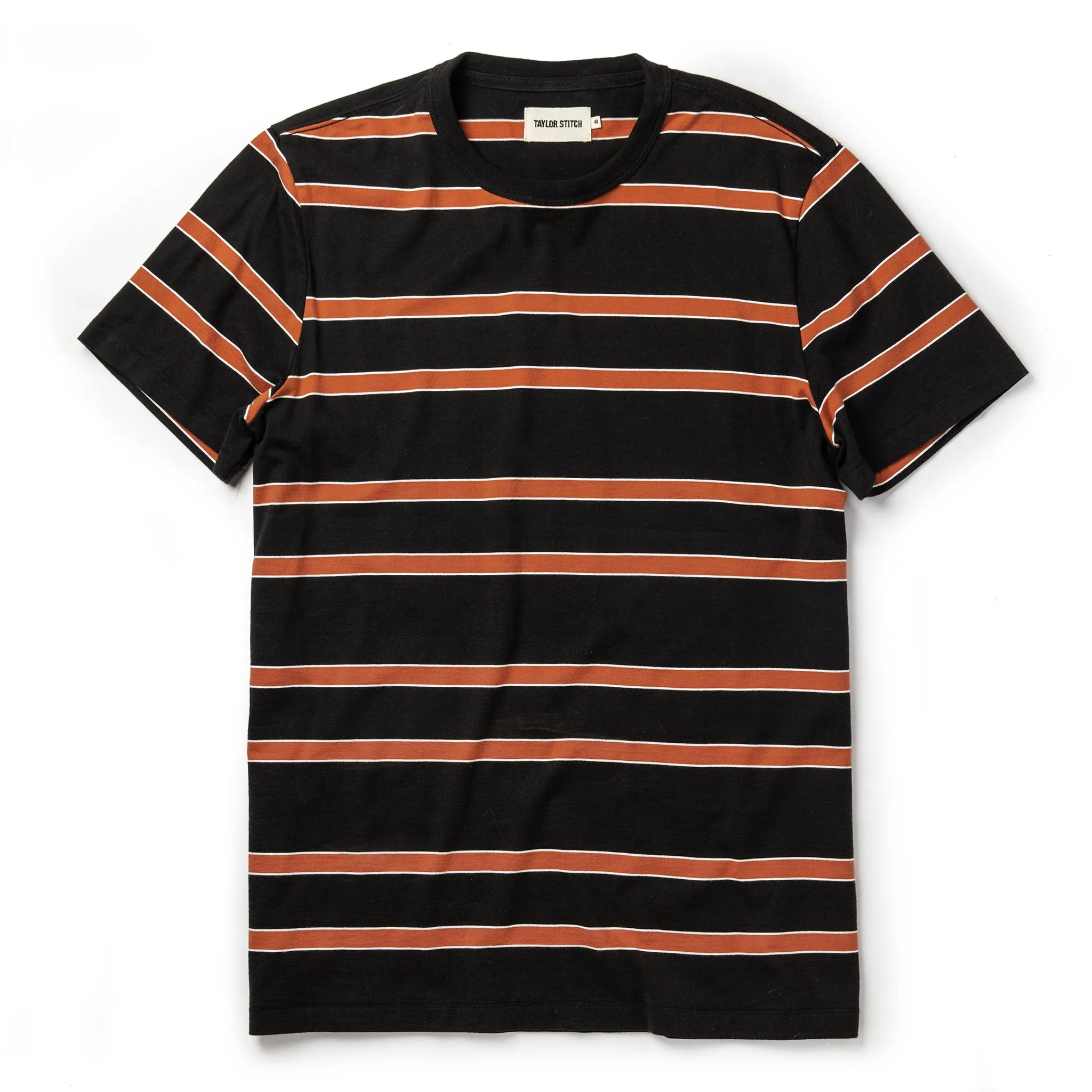 The Organic Cotton Tee in Coal and Rust Stripe sold by Taylor Stitch