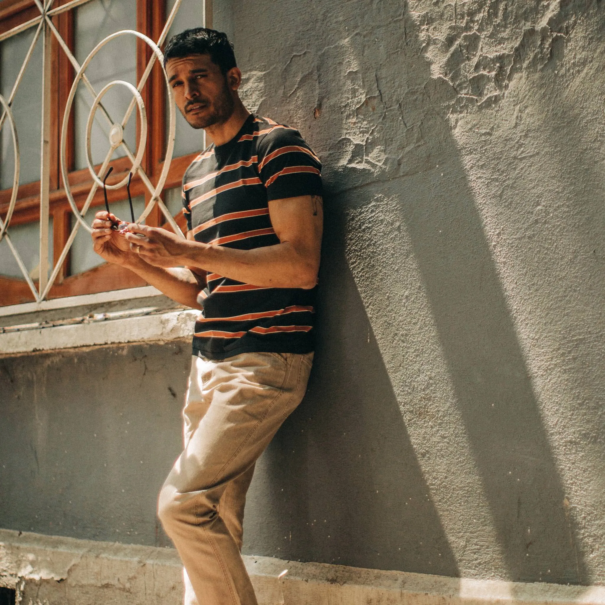 The Organic Cotton Tee in Coal and Rust Stripe sold by Taylor Stitch product image thumbnail 4