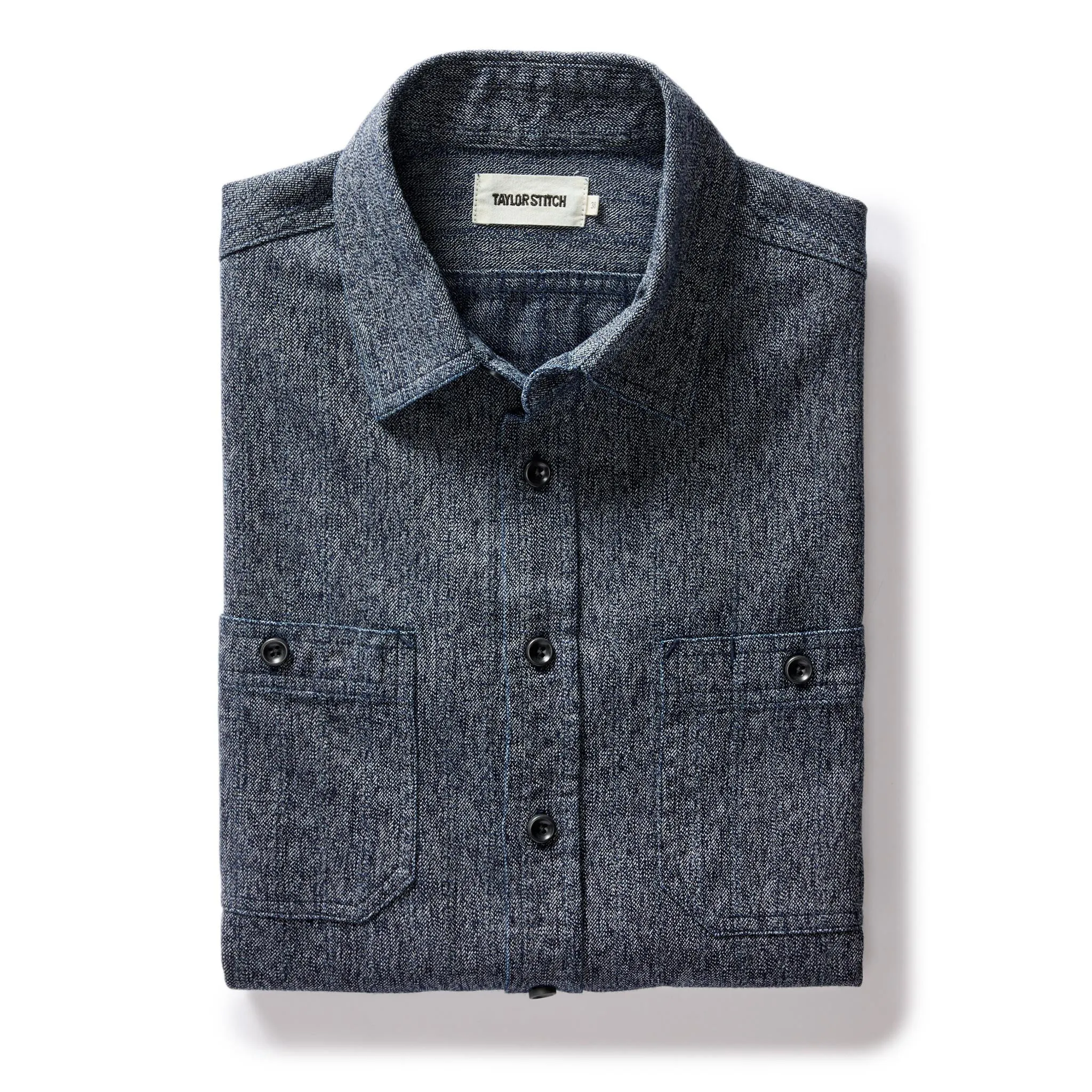 The Utility Shirt in Rinsed Indigo Herringbone sold by Taylor Stitch