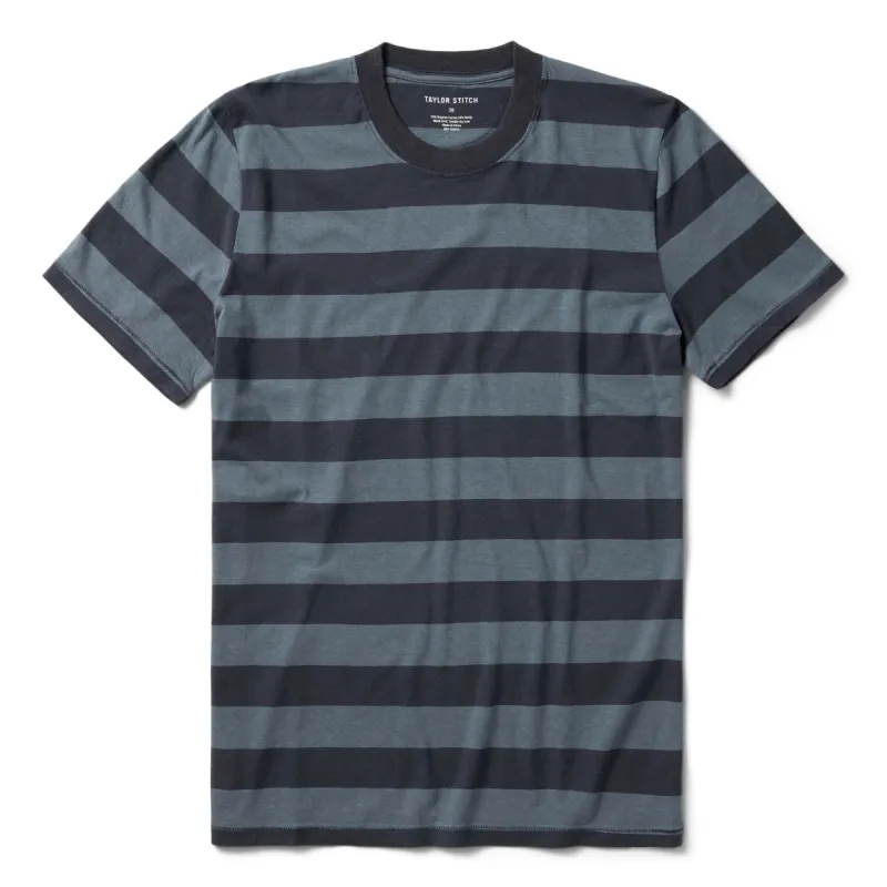 The Cotton Hemp Tee in Storm and Navy Stripe sold by Taylor Stitch