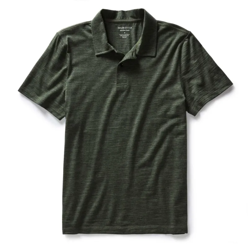 The Merino Polo in Heather Army sold by Taylor Stitch