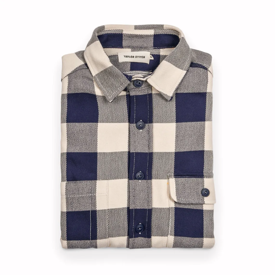 The Moto Utility Shirt in Natural & Navy Buffalo Plaid sold by Taylor Stitch