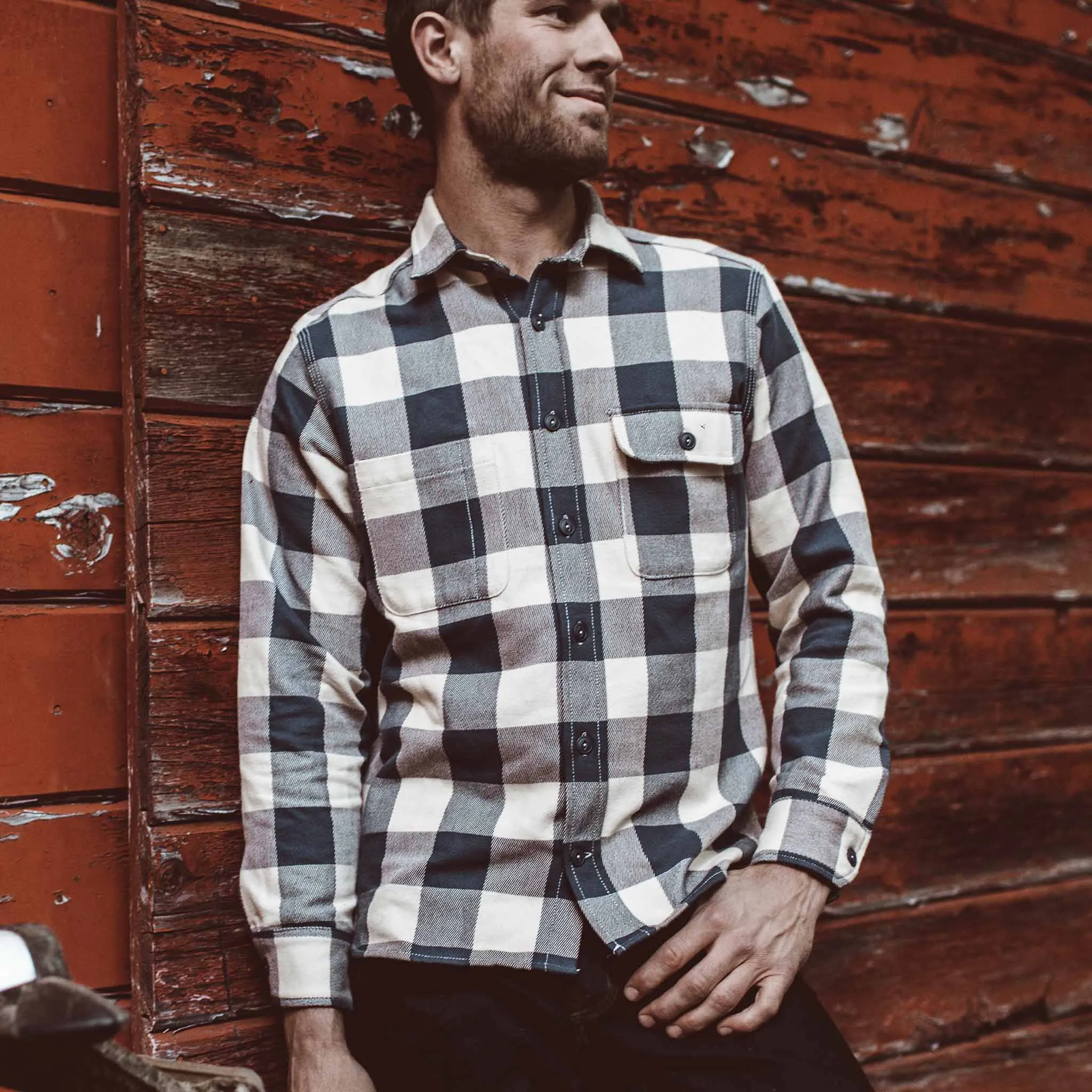 The Moto Utility Shirt in Natural & Navy Buffalo Plaid sold by Taylor Stitch product image thumbnail 2