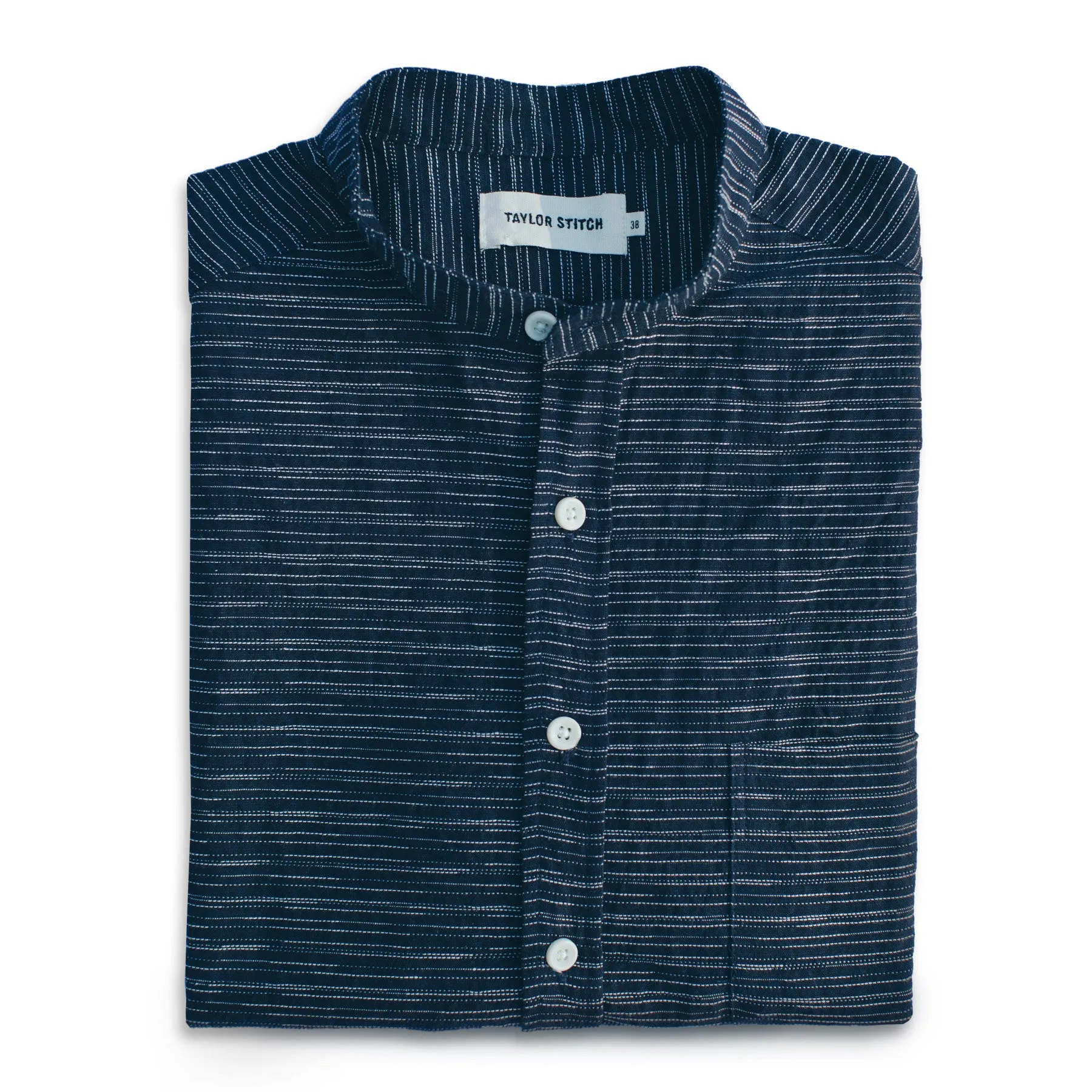 The Short Sleeve Bandit in Navy Slub Stripe sold by Taylor Stitch