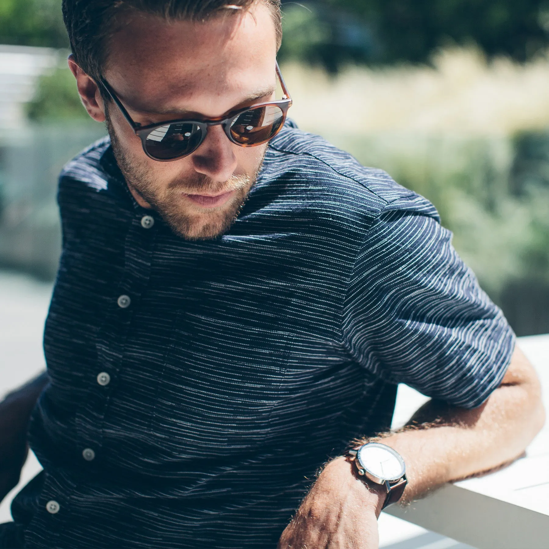 The Short Sleeve Bandit in Navy Slub Stripe sold by Taylor Stitch product image thumbnail 4