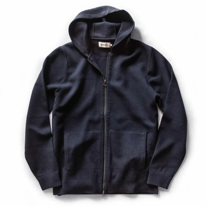 The Portola Hoodie in Midnight Merino sold by Taylor Stitch