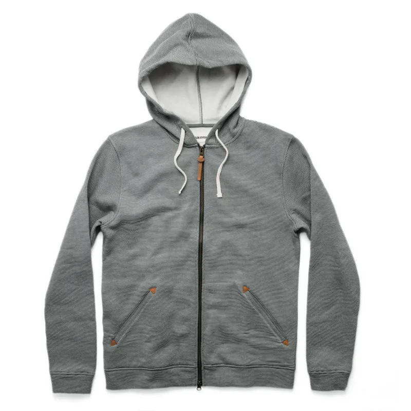 The Après Hoodie in Grey Stripe sold by Taylor Stitch