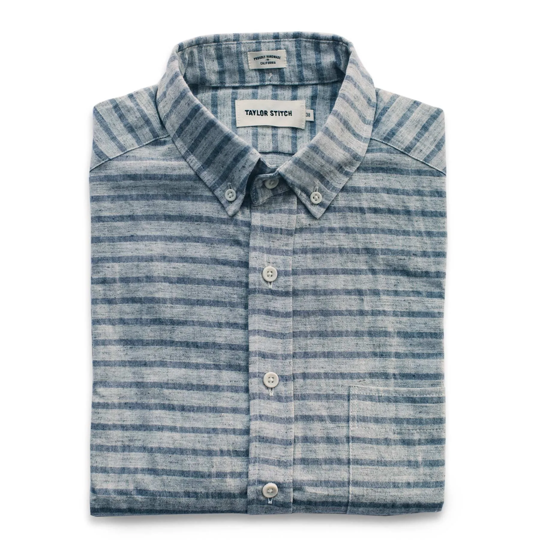 The Short Sleeve Jack in Grey & Navy Stripe sold by Taylor Stitch