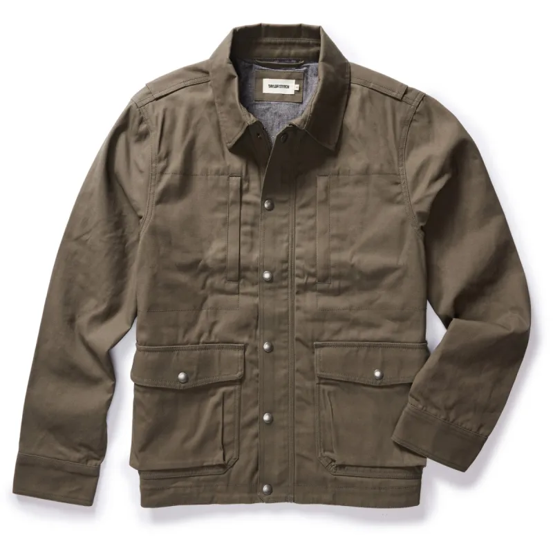 The Pathfinder Jacket in Fatigue Olive Dry Wax sold by Taylor Stitch