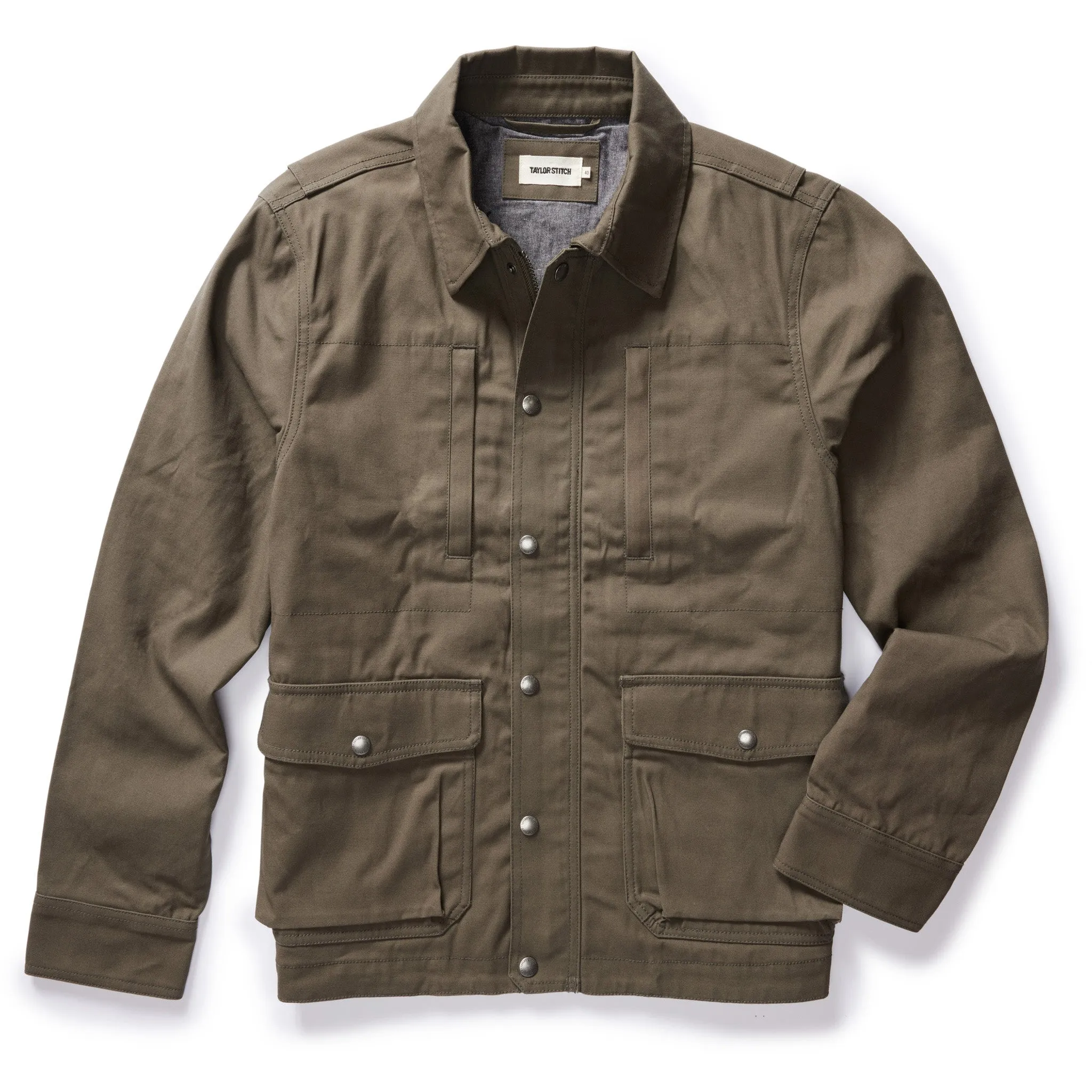 The Pathfinder Jacket in Fatigue Olive Dry Wax sold by Taylor Stitch