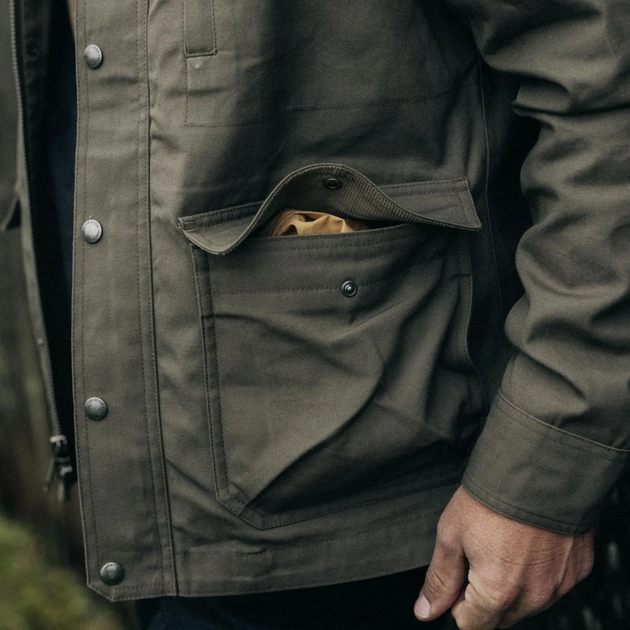 The Pathfinder Jacket in Fatigue Olive Dry Wax sold by Taylor Stitch product image thumbnail 3