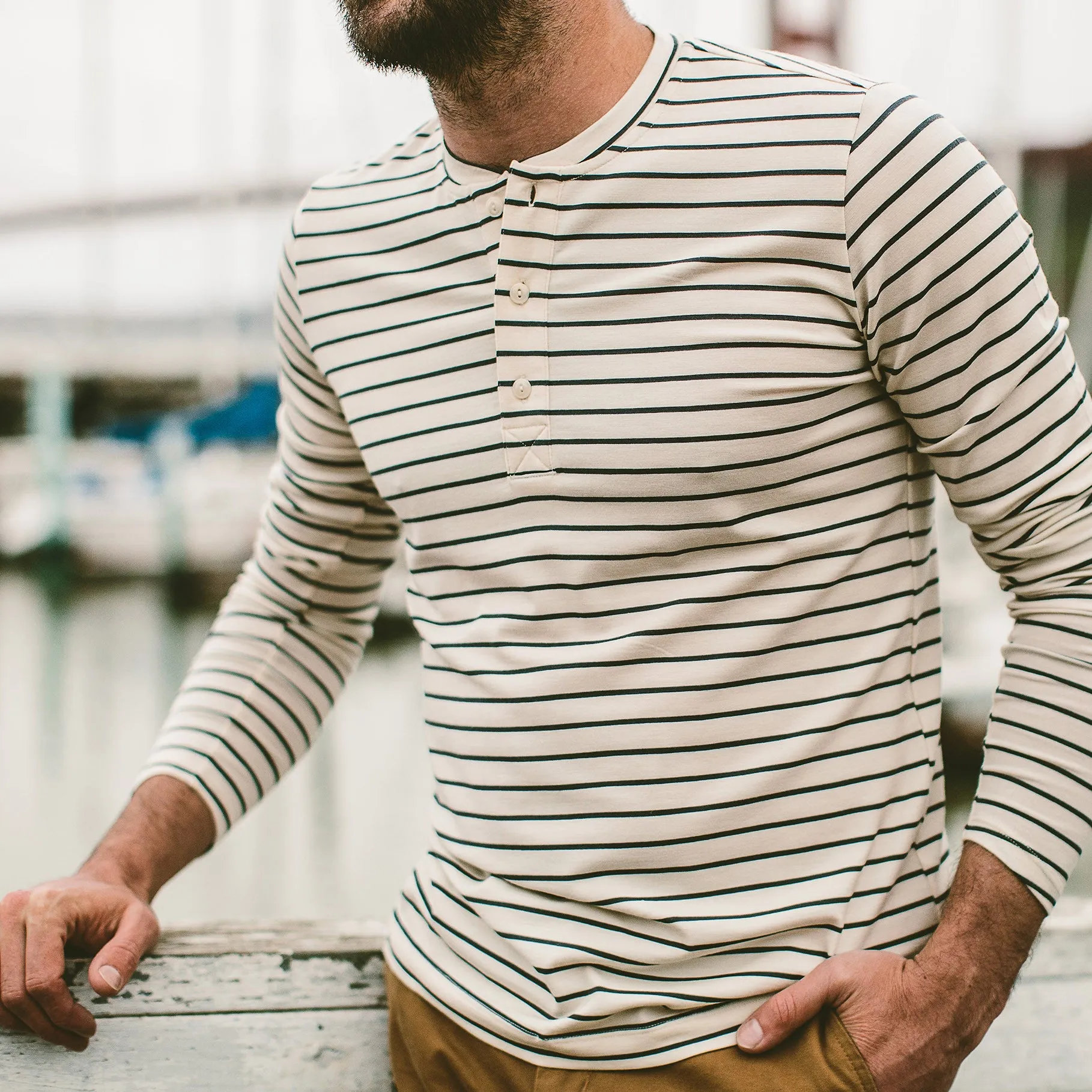 The Mercerized Merino Henley in Navy Stripe sold by Taylor Stitch product image thumbnail 3