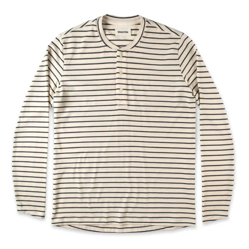 The Mercerized Merino Henley in Navy Stripe sold by Taylor Stitch