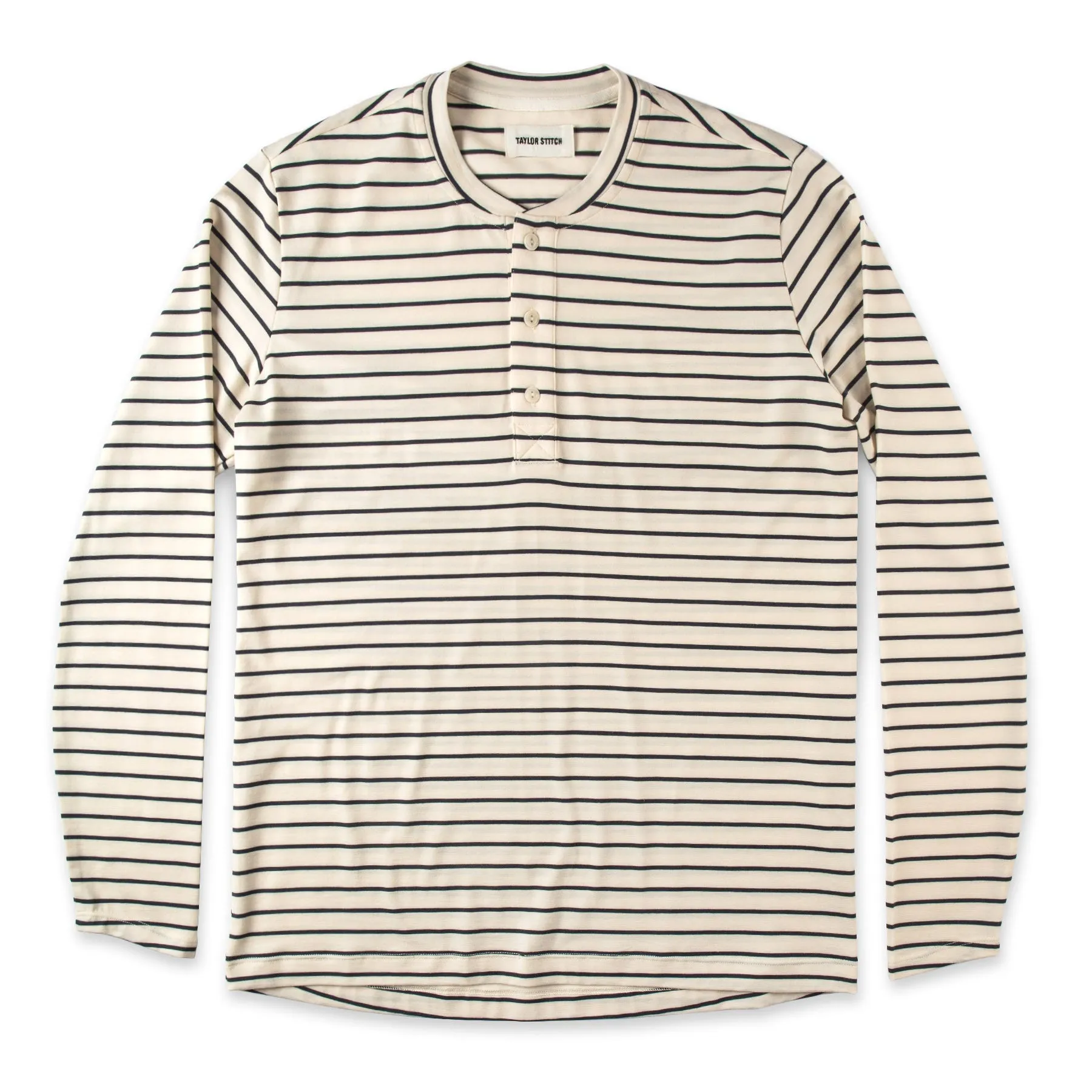 The Mercerized Merino Henley in Navy Stripe sold by Taylor Stitch