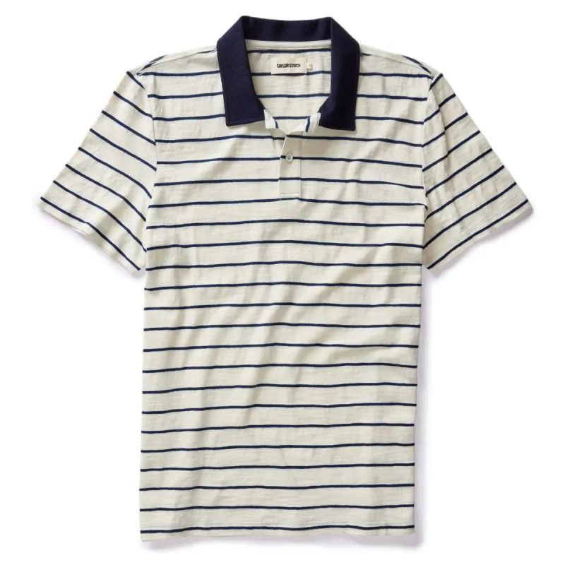 The Organic Cotton Polo in Bleached Natural Stripe sold by Taylor Stitch