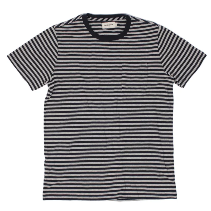 The Sequoia Stripe Tee in Navy & Grey sold by Taylor Stitch