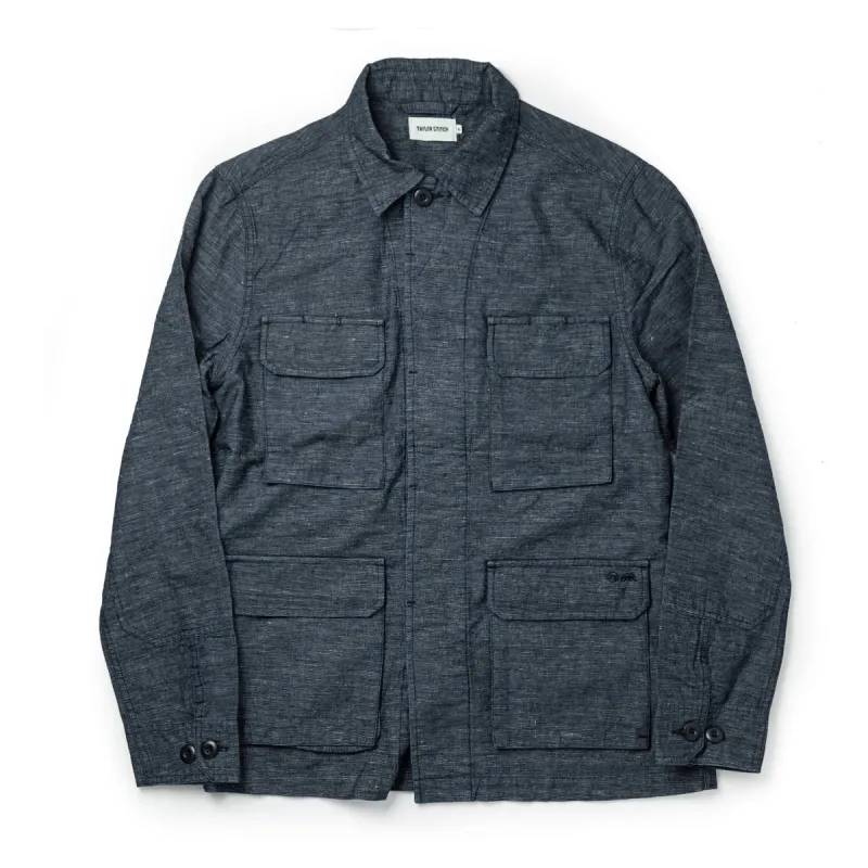 The BDU Shirt Jacket in Indigo Slub sold by Taylor Stitch