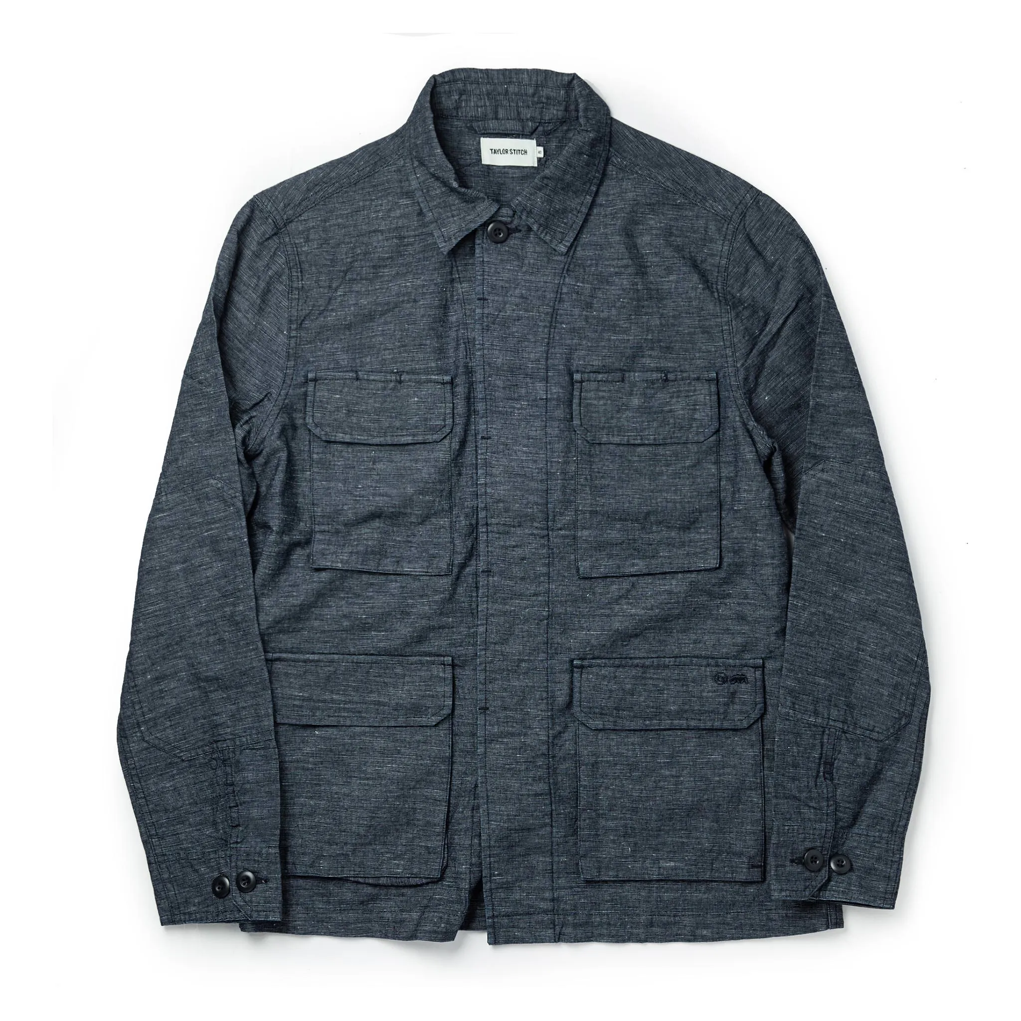The BDU Shirt Jacket in Indigo Slub sold by Taylor Stitch