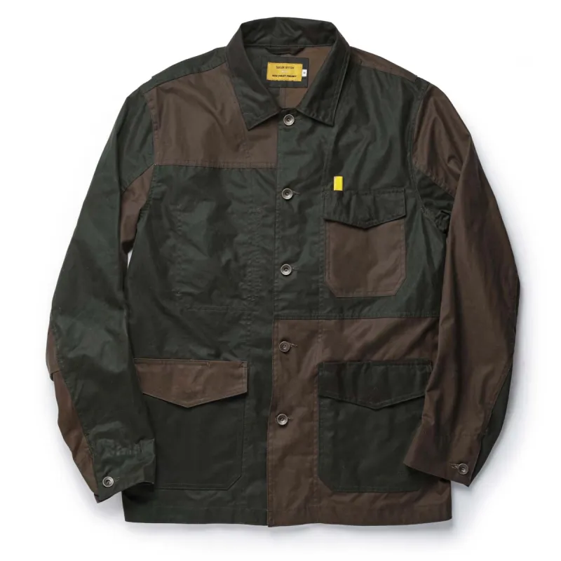The Task Jacket in Waxed Khaki and Olive Patchwork sold by Taylor Stitch