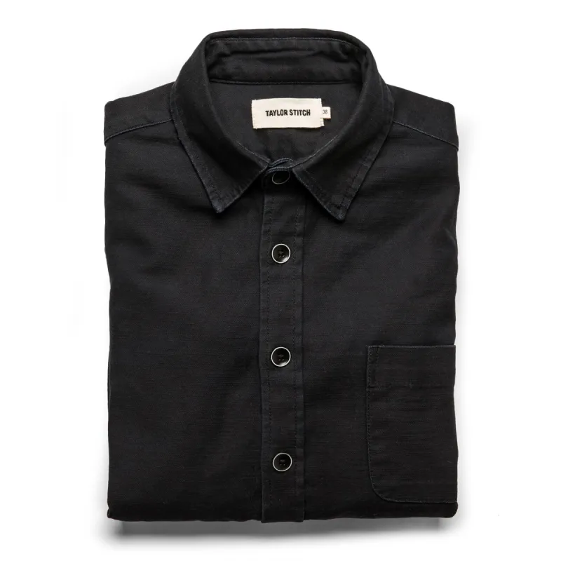The Mechanic Shirt in Black Reverse Sateen sold by Taylor Stitch