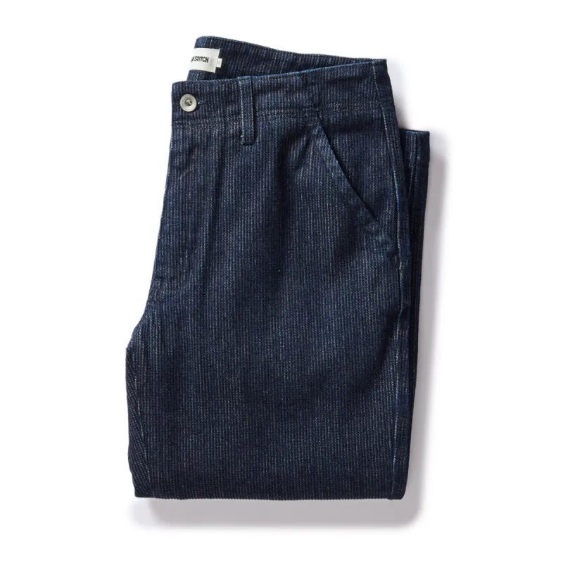 The Morse Pant in Rinsed Indigo Stripe sold by Taylor Stitch