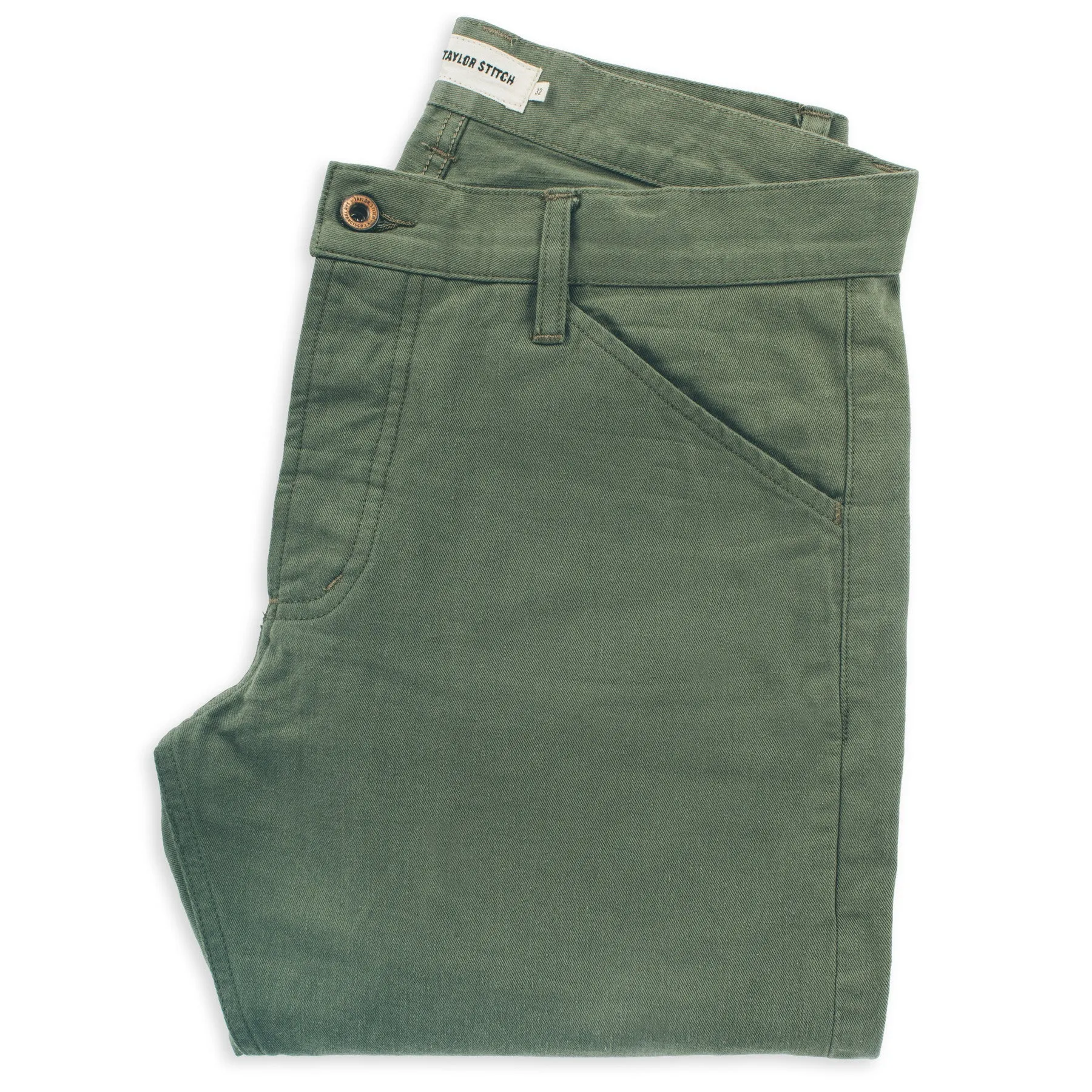 The Camp Pant in Olive Drab Selvage sold by Taylor Stitch