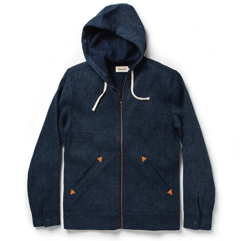 The Après Hoodie in Indigo Waffle sold by Taylor Stitch
