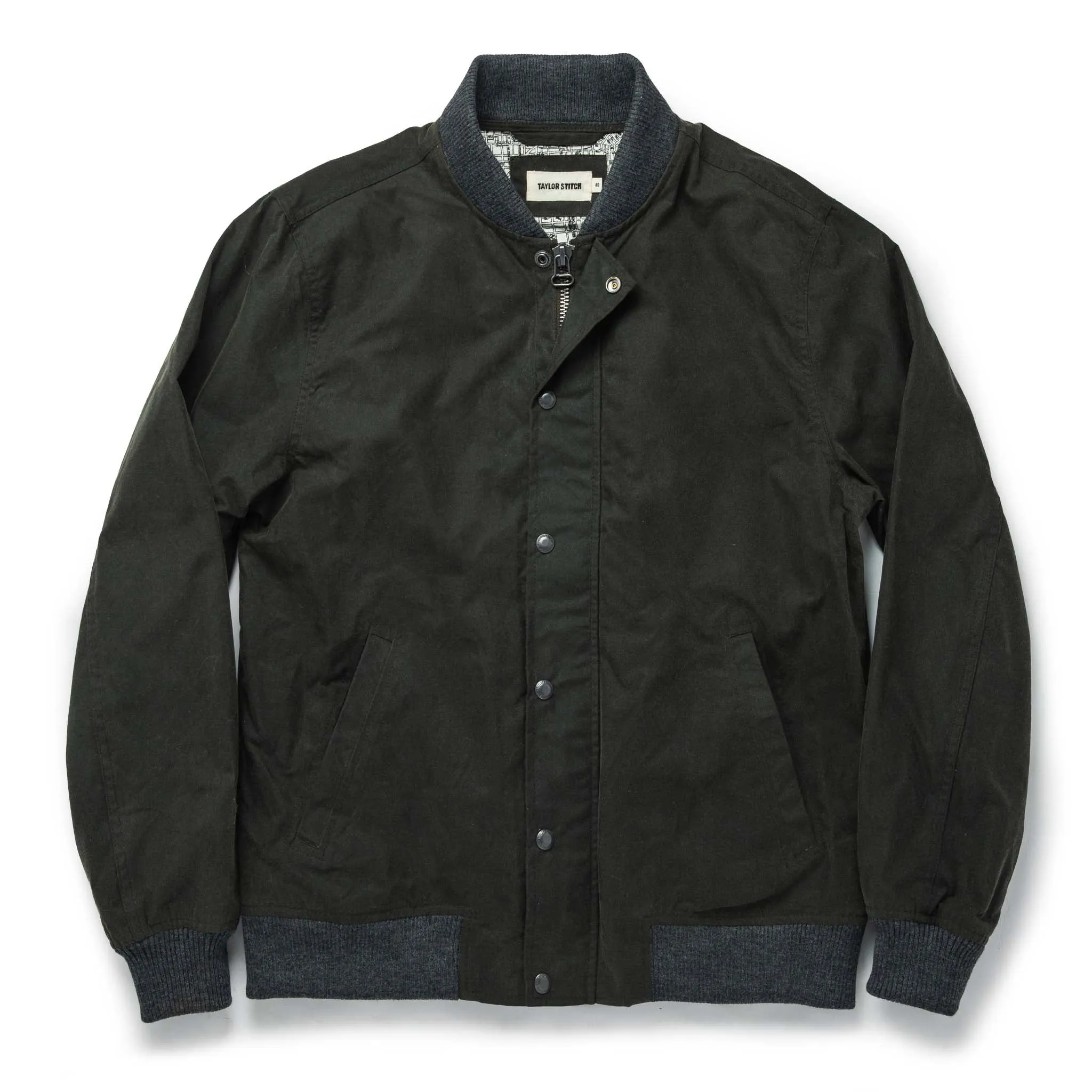 The Bomber Jacket in Waxed Olive sold by Taylor Stitch